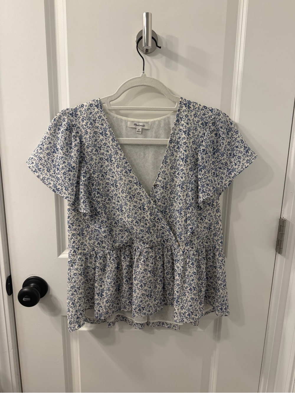 Madewell White and Blue Floral Wrap Peplum Blouse